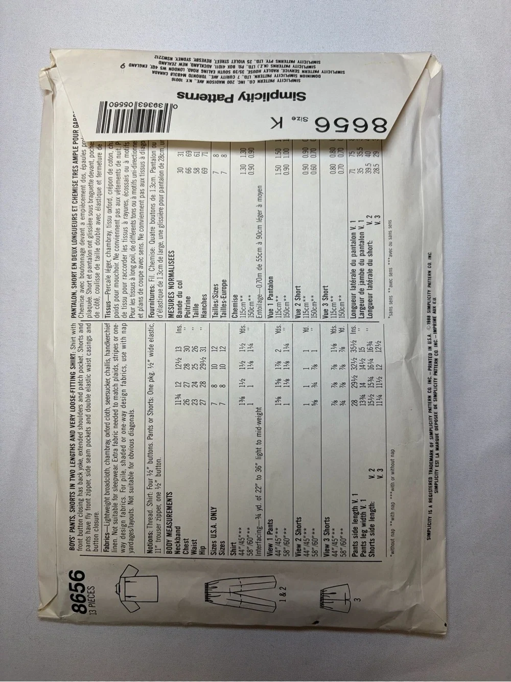 Simplicity 8656 Vintage 1988 Boys Shirt Pants Shorts Sewing Pattern Size K 8 10